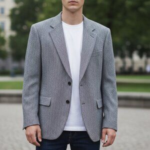 Vtg Bovet Blazer Mens 46R Gray Herringbone Tweed Wool Jacket Sportscoat Corpcore